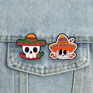 Mexican sombrero skull enamel pin set, cartoon day of the dead metal badge jacket decor.