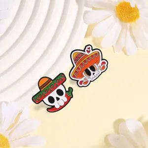 Cute Mexican sombrero skeleton enamel pin set, cartoon day of the dead metal brooch badge.