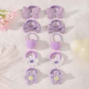 Details of cute purple baby hair ties set, soft elastic rubber bands for girls daily styling.