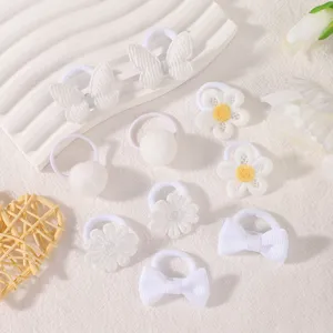 Cute white hair ties set for toddler girls, gentle elastic hair bands with bows and flowers.