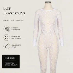 Femme dentelle blanche manches longues bodystockingevide erotique sexy une piece taille unique