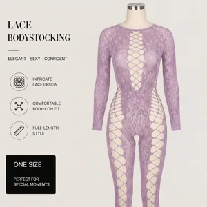 Grande Taille Violet Dentelle Creuse Manches Longues Bodystocking Sexe Lingerie
