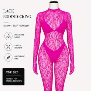 Sexy hot pink lace bodystocking with long sleeves and leopard pattern for women.