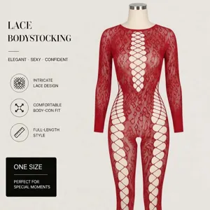Body en dentelle rouge manches longues grande taille résille sexy moulant clubwear pour les femmes.