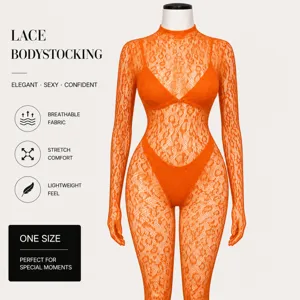 Orange lace bodystocking for women, sheer long sleeve sexy lingerie with breathable stretch.
