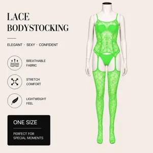 Bodystocking en dentelle verte pour femmes, lingerie sexy grande taille avec porte-jarretelles.