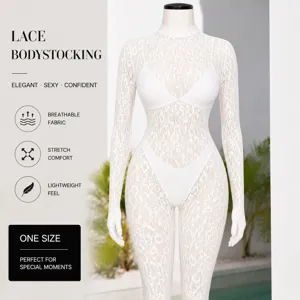White lace bodystocking for women, sexy sheer long sleeve high neck bodysuit for special moments.