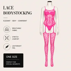 Bodystocking en dentelle rose vif pour femmes, lingerie sexy dos nu avec porte-jarretelles.