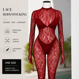 Red lace sheer bodystocking sexy long sleeve mock neck adult lingerie one size for women