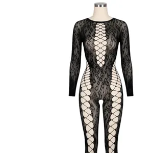 Body ajouré noir grande taille sexy à manches longues pour femmes, lingerie transparente.
