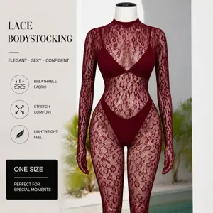 Sexy burgundy lace bodystocking for women, breathable long sleeve sheer lingerie one size.
