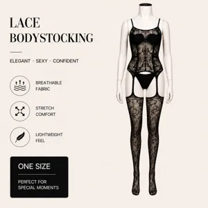 Bodystocking en dentelle noire sexy avec jarretelles, respirant et extensible pour femmes.