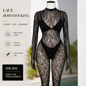 Sexy black lace long sleeve sheer bodysstocking plus size lingerie for women seductive clubwear