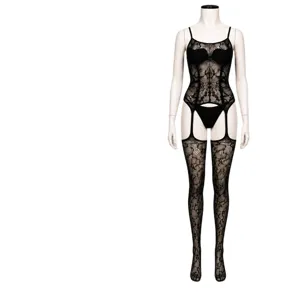 Ensemble de lingerie body en dentelle noire avec bas, teddy sexy grande taille femme.