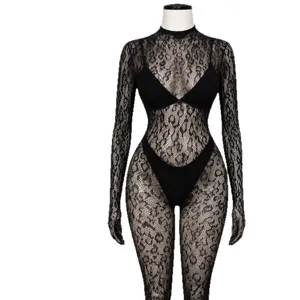 Plus size sexy sheer lace catsuit with leopard mesh design, long sleeve black erotic lingerie.