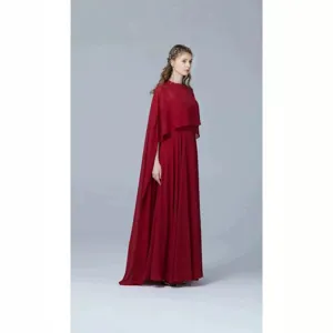 Elegant wine red chiffon cape long dress for women, graceful floor-length evening party gown.
