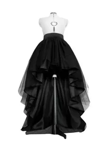 Black asymmetric tulle skirt detail shot showing the high-low mesh layers and flared design.