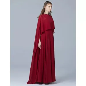 Red chiffon cape dress detail showing the elegant long hemline and flowing silhouette style.
