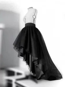 Long black irregular mesh tulle skirt for women, dark style high low maxi skirt fashion.
