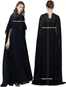 Black chiffon cape shawl long cloak elegant women evening partywear outerwear detail view.