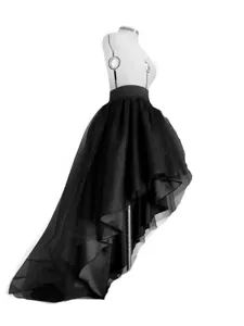 Long black tulle skirt detail featuring high-low hemline, elegant gothic mesh design for women.