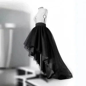 Elegant black high low tulle skirt for women, irregular mesh design, chic dark style.