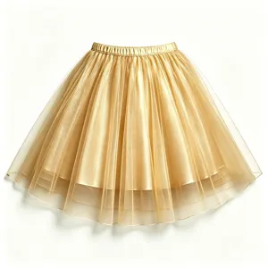 Gold layered tulle skirt detail, sheer mesh fabric, elastic waistband, elegant party wear.