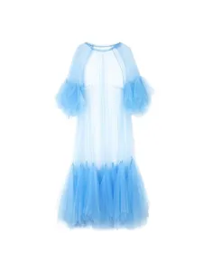 Light blue mesh sheer dress detail, layered ruffle long sleeve resort style dress.