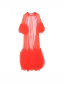 Details of the red sheer tulle long dress featuring tiered ruffles and puffy sleeves.