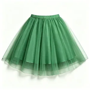 Green tulle midi skirt featuring layered sheer mesh design, elastic waistband for daily or party wear.