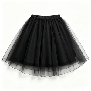 Detailed close-up view of a classic black tulle mesh midi skirt featuring elegant sheer design.
