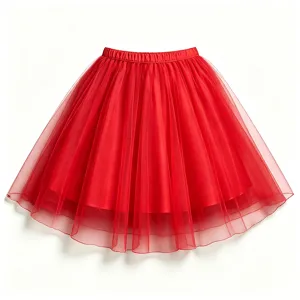 Red mesh tulle layered skirt detail, showing delicate pleated fabric texture and elastic waist.