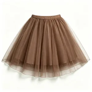 Detailed view of the brown multi-layer tulle mesh skirt, showing exquisite layered fabric.