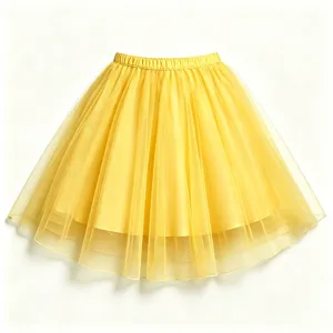 Close-up detail of the elegant yellow mesh layered tutu skirt showing fine pleated texture.