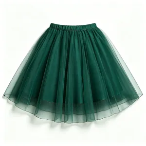 Dark green tulle mesh skirt for women, pleated fluffy long tutu skirt for party costumes.