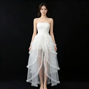 Damen weiss trägerlos transparent Tüll High-Low Kleid sexy Party Clubwear Detailansicht