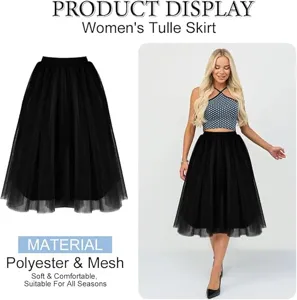 Women black tulle skirt elegant mesh midi skirt party holiday costume apparel soft comfortable