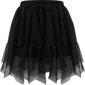 Detail shot of the black layered mesh skirt showing the unique irregular hem design.