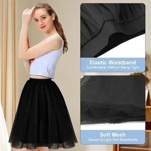 Black tutu skirt for women, mesh layered fluffy party dress, comfortable elastic waistband.