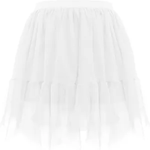 Detailed view of the white irregular mesh mini skirt, lightweight layered tulle style.