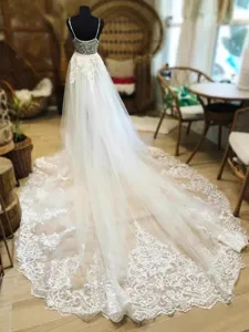 Bridal tulle skirt with long lace train, multi-layer mesh princess skirt for weddings