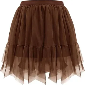 Brown irregular mesh mini skirt layered sheer tutu skirt casual summer daily wear fashion
