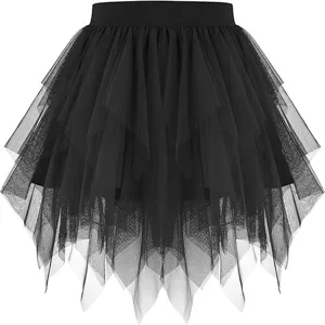 Black multi-layer mesh skirt detail, layered tiered tulle design, short summer apparel.