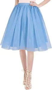 Light blue layered tulle midi skirt, fluffy tutu design, perfect for party and festive costumes.