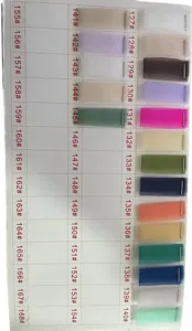 Tulle fabric color swatch card showing various mesh colors numbered 127 to 168 for custom orders.