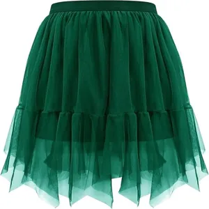 Dark green mesh tiered mini skirt, irregular ruffled layers, stylish summer casual streetwear.