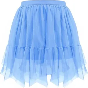 Detailed view of the light blue irregular tulle skirt, showing soft mesh fabric layers.