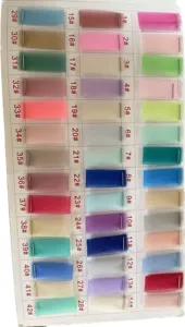 Mesh fabric color swatch chart with 42 shades, ideal for custom garment color selection.