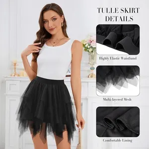 Detail view of the black layered tulle skirt showing elastic waistband and multi-layered mesh.