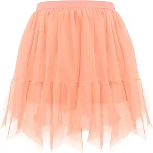 Detailed view of women summer irregular mesh skirt peach pink layered tulle short skirt